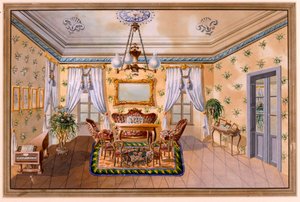 「ビーダーマイヤーの応接室」、ドイツのアノンc.1830、水彩画 作： Unbekannt Unbekannt